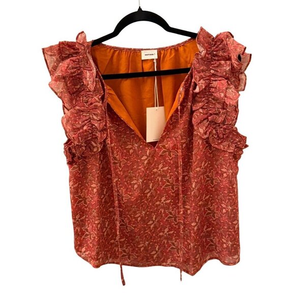Aureum Women's Floral Ruffle Top Boho Style Size L 100% Rust/Orange - Picture 2 of 10